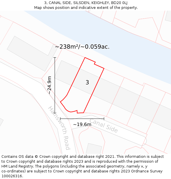3, CANAL SIDE, SILSDEN, KEIGHLEY, BD20 0LJ: Plot and title map