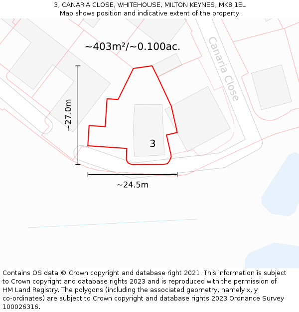 3, CANARIA CLOSE, WHITEHOUSE, MILTON KEYNES, MK8 1EL: Plot and title map