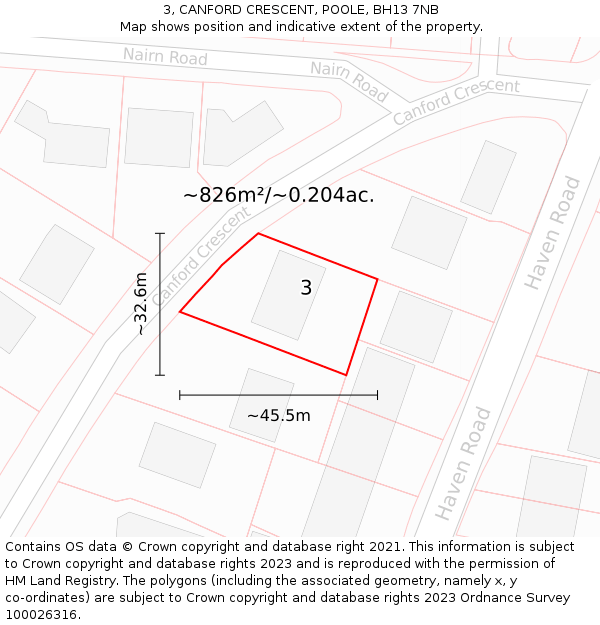 3, CANFORD CRESCENT, POOLE, BH13 7NB: Plot and title map