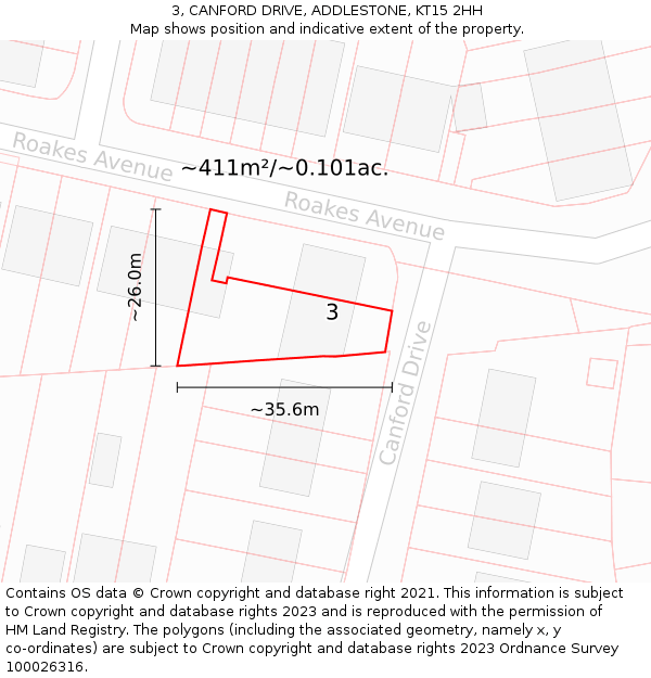 3, CANFORD DRIVE, ADDLESTONE, KT15 2HH: Plot and title map