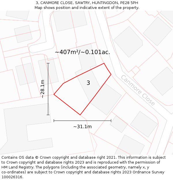3, CANMORE CLOSE, SAWTRY, HUNTINGDON, PE28 5PH: Plot and title map