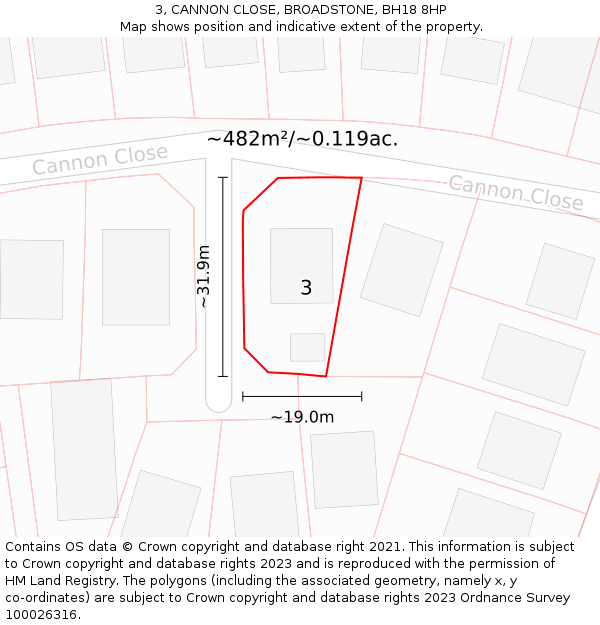 3, CANNON CLOSE, BROADSTONE, BH18 8HP: Plot and title map