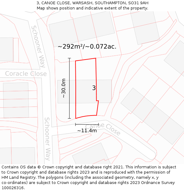 3, CANOE CLOSE, WARSASH, SOUTHAMPTON, SO31 9AH: Plot and title map