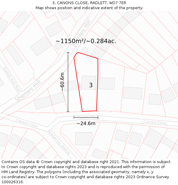 3, CANONS CLOSE, RADLETT, WD7 7ER: Plot and title map