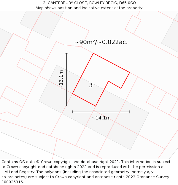 3, CANTERBURY CLOSE, ROWLEY REGIS, B65 0SQ: Plot and title map