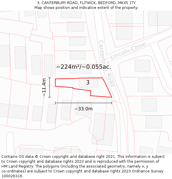 3, CANTERBURY ROAD, FLITWICK, BEDFORD, MK45 1TY: Plot and title map