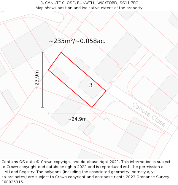 3, CANUTE CLOSE, RUNWELL, WICKFORD, SS11 7FG: Plot and title map