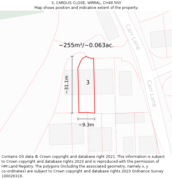 3, CARDUS CLOSE, WIRRAL, CH46 5NY: Plot and title map