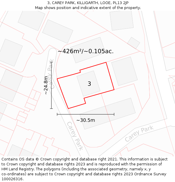 3, CAREY PARK, KILLIGARTH, LOOE, PL13 2JP: Plot and title map