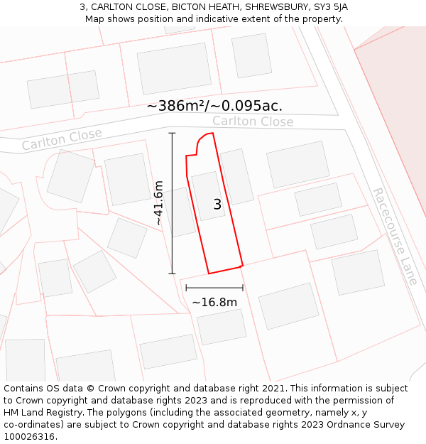 3, CARLTON CLOSE, BICTON HEATH, SHREWSBURY, SY3 5JA: Plot and title map