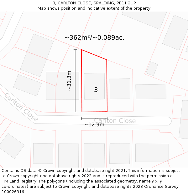 3, CARLTON CLOSE, SPALDING, PE11 2UP: Plot and title map