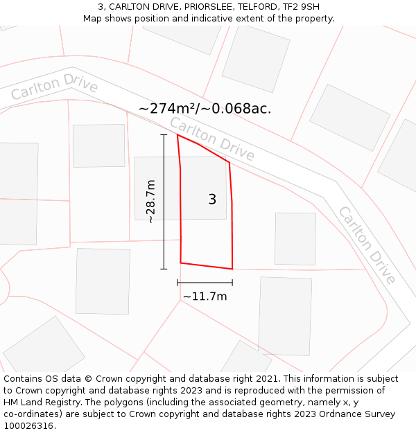 3, CARLTON DRIVE, PRIORSLEE, TELFORD, TF2 9SH: Plot and title map