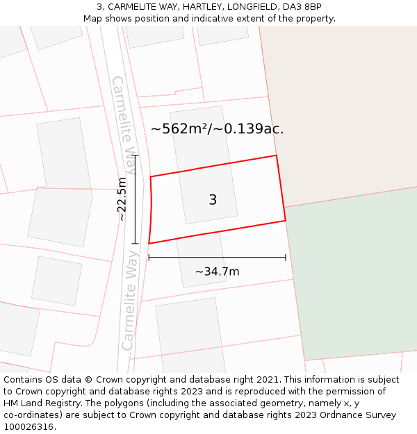 3, CARMELITE WAY, HARTLEY, LONGFIELD, DA3 8BP: Plot and title map