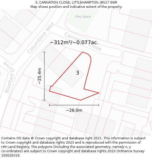 3, CARNATION CLOSE, LITTLEHAMPTON, BN17 6WR: Plot and title map