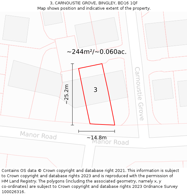 3, CARNOUSTIE GROVE, BINGLEY, BD16 1QF: Plot and title map