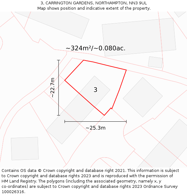 3, CARRINGTON GARDENS, NORTHAMPTON, NN3 9UL: Plot and title map