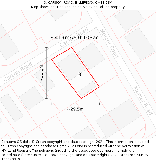 3, CARSON ROAD, BILLERICAY, CM11 1SA: Plot and title map