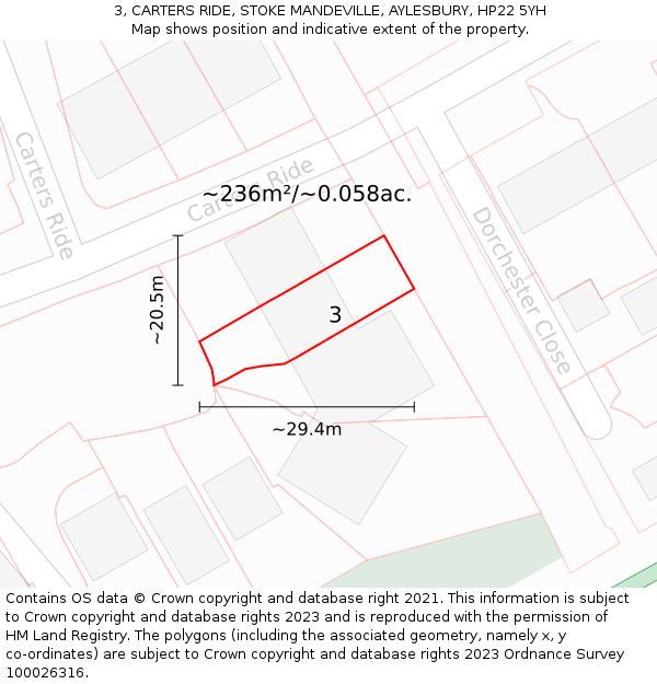 3, CARTERS RIDE, STOKE MANDEVILLE, AYLESBURY, HP22 5YH: Plot and title map