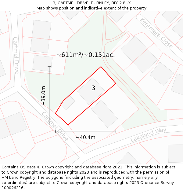 3, CARTMEL DRIVE, BURNLEY, BB12 8UX: Plot and title map