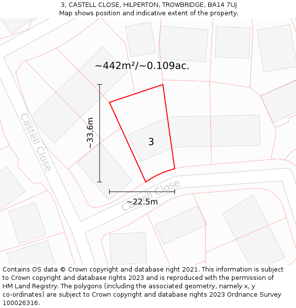 3, CASTELL CLOSE, HILPERTON, TROWBRIDGE, BA14 7UJ: Plot and title map