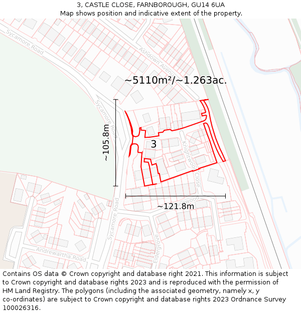 3, CASTLE CLOSE, FARNBOROUGH, GU14 6UA: Plot and title map