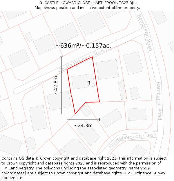 3, CASTLE HOWARD CLOSE, HARTLEPOOL, TS27 3JL: Plot and title map