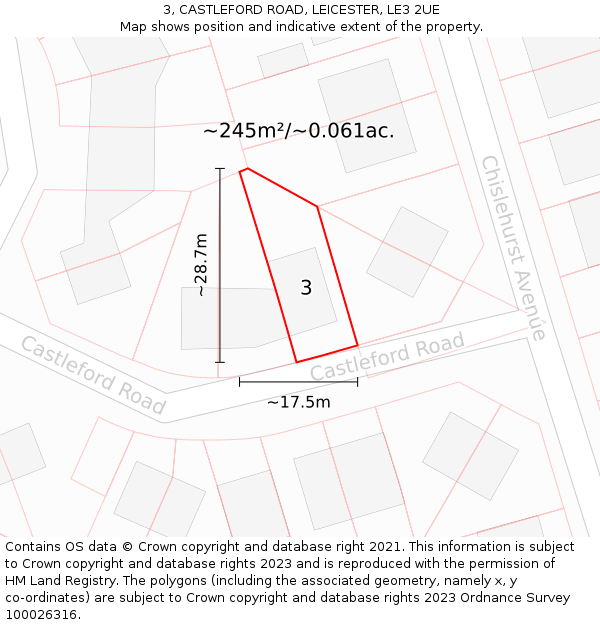 3, CASTLEFORD ROAD, LEICESTER, LE3 2UE: Plot and title map