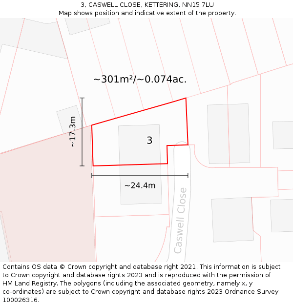 3, CASWELL CLOSE, KETTERING, NN15 7LU: Plot and title map