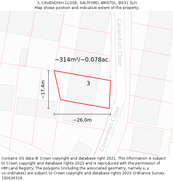 3, CAVENDISH CLOSE, SALTFORD, BRISTOL, BS31 3LH: Plot and title map