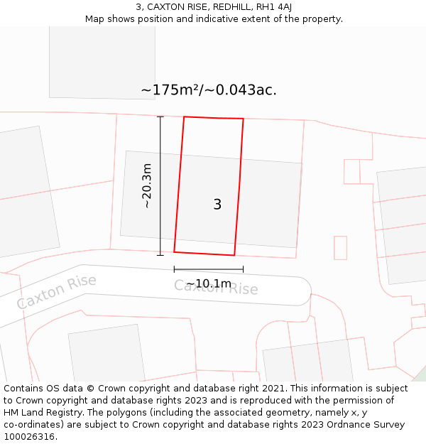 3, CAXTON RISE, REDHILL, RH1 4AJ: Plot and title map