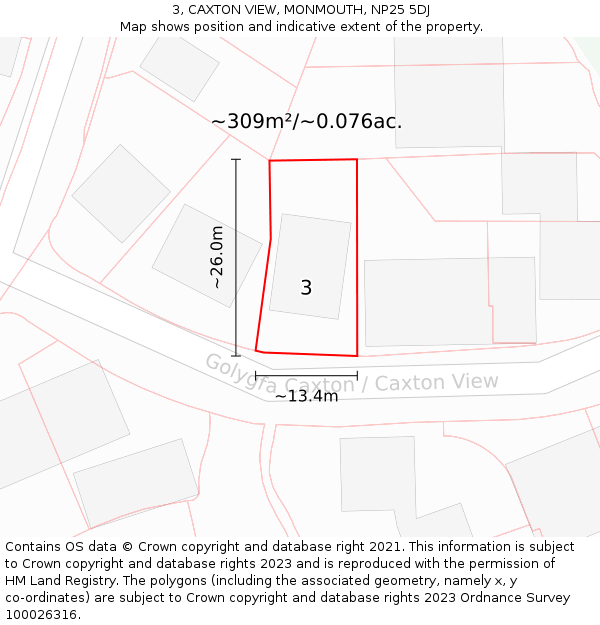 3, CAXTON VIEW, MONMOUTH, NP25 5DJ: Plot and title map