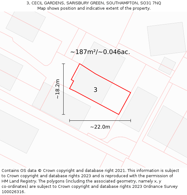 3, CECIL GARDENS, SARISBURY GREEN, SOUTHAMPTON, SO31 7NQ: Plot and title map