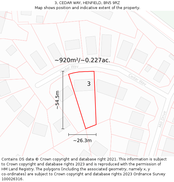 3, CEDAR WAY, HENFIELD, BN5 9RZ: Plot and title map