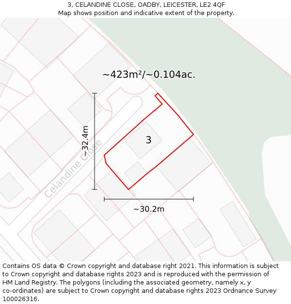 3, CELANDINE CLOSE, OADBY, LEICESTER, LE2 4QF: Plot and title map