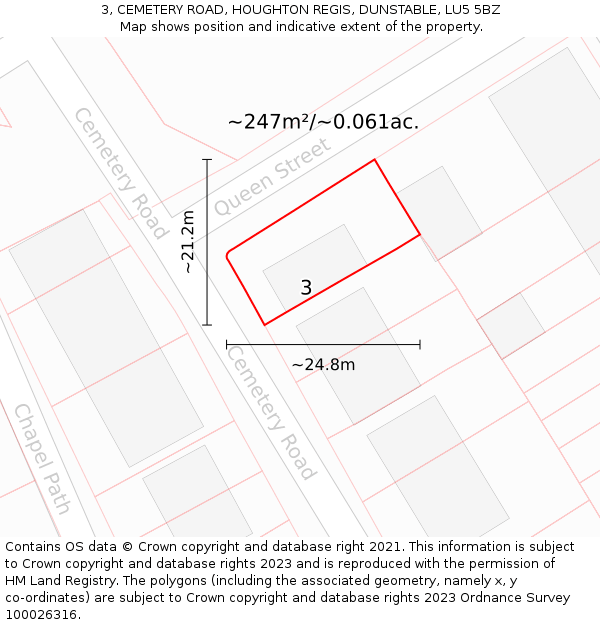 3, CEMETERY ROAD, HOUGHTON REGIS, DUNSTABLE, LU5 5BZ: Plot and title map