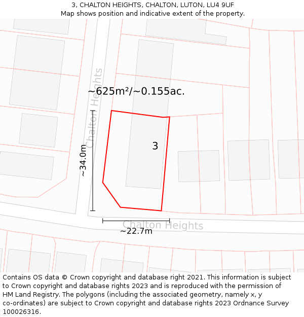 3, CHALTON HEIGHTS, CHALTON, LUTON, LU4 9UF: Plot and title map