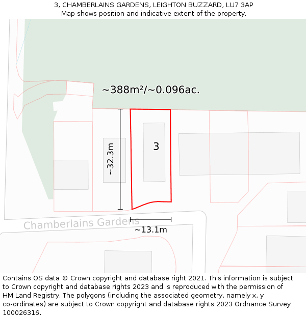 3, CHAMBERLAINS GARDENS, LEIGHTON BUZZARD, LU7 3AP: Plot and title map