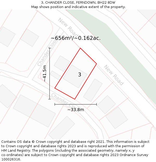 3, CHANDER CLOSE, FERNDOWN, BH22 8DW: Plot and title map