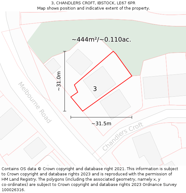 3, CHANDLERS CROFT, IBSTOCK, LE67 6PR: Plot and title map