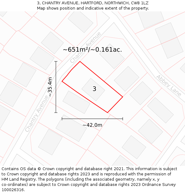 3, CHANTRY AVENUE, HARTFORD, NORTHWICH, CW8 1LZ: Plot and title map