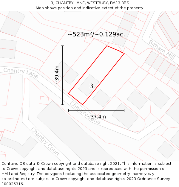 3, CHANTRY LANE, WESTBURY, BA13 3BS: Plot and title map