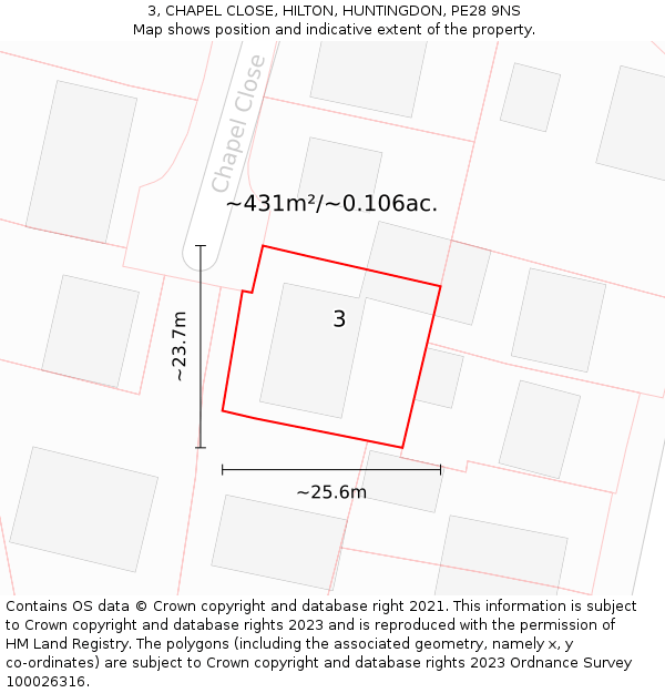 3, CHAPEL CLOSE, HILTON, HUNTINGDON, PE28 9NS: Plot and title map