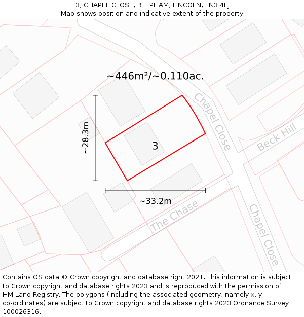 3, CHAPEL CLOSE, REEPHAM, LINCOLN, LN3 4EJ: Plot and title map