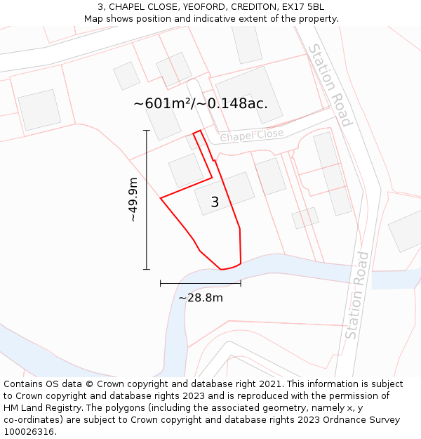3, CHAPEL CLOSE, YEOFORD, CREDITON, EX17 5BL: Plot and title map