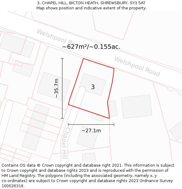 3, CHAPEL HILL, BICTON HEATH, SHREWSBURY, SY3 5AT: Plot and title map