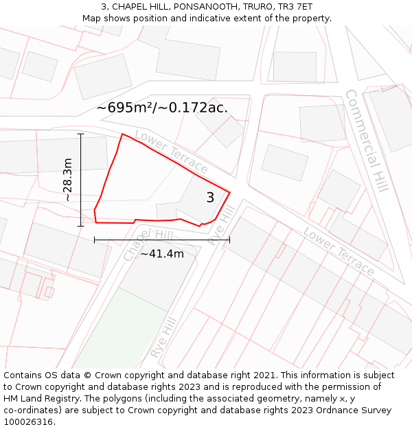 3, CHAPEL HILL, PONSANOOTH, TRURO, TR3 7ET: Plot and title map