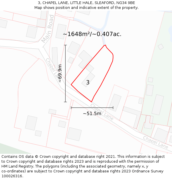 3, CHAPEL LANE, LITTLE HALE, SLEAFORD, NG34 9BE: Plot and title map