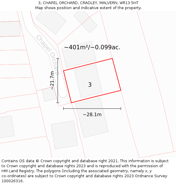 3, CHAPEL ORCHARD, CRADLEY, MALVERN, WR13 5HT: Plot and title map