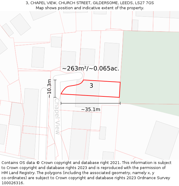 3, CHAPEL VIEW, CHURCH STREET, GILDERSOME, LEEDS, LS27 7GS: Plot and title map