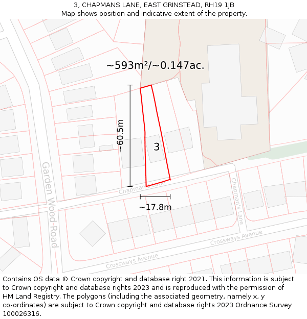3, CHAPMANS LANE, EAST GRINSTEAD, RH19 1JB: Plot and title map
